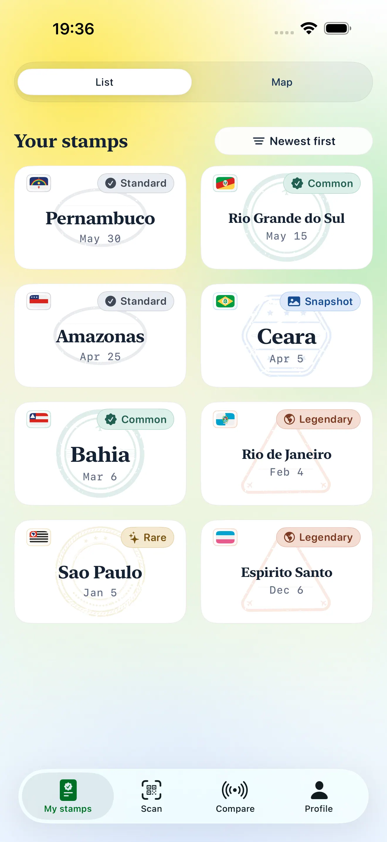 Mapa do Brasil com seus carimbos por estado
