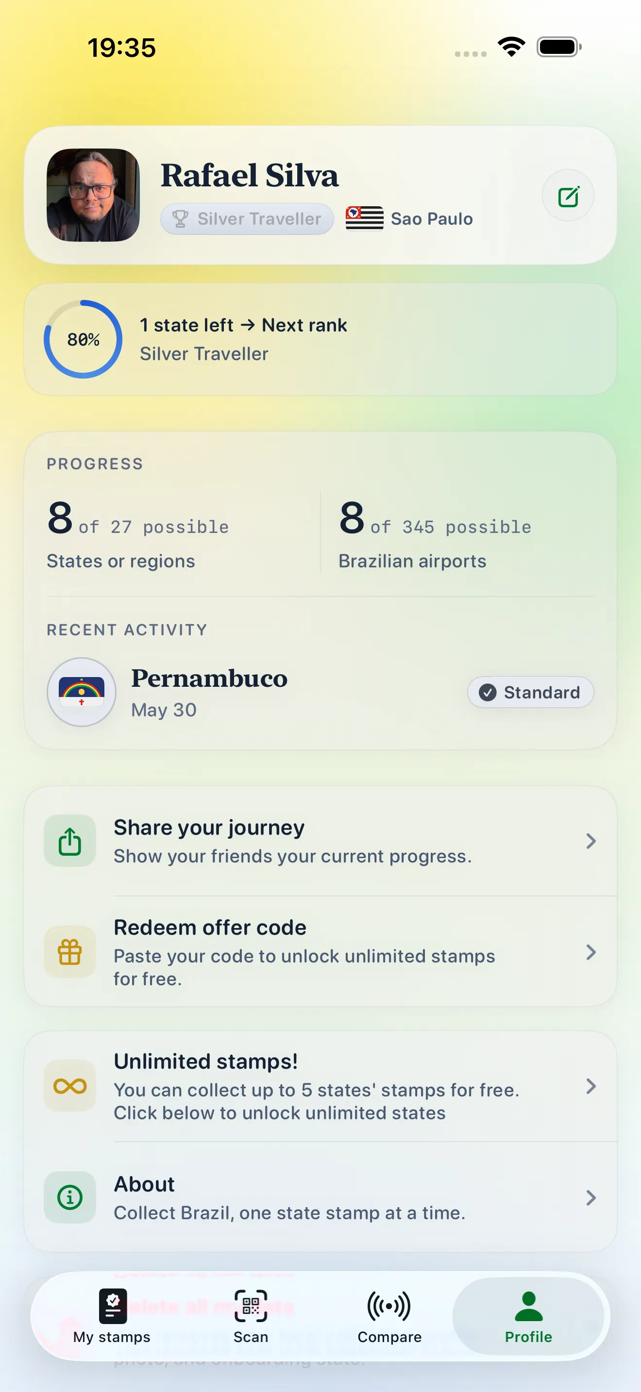 Your profile with rank and regions