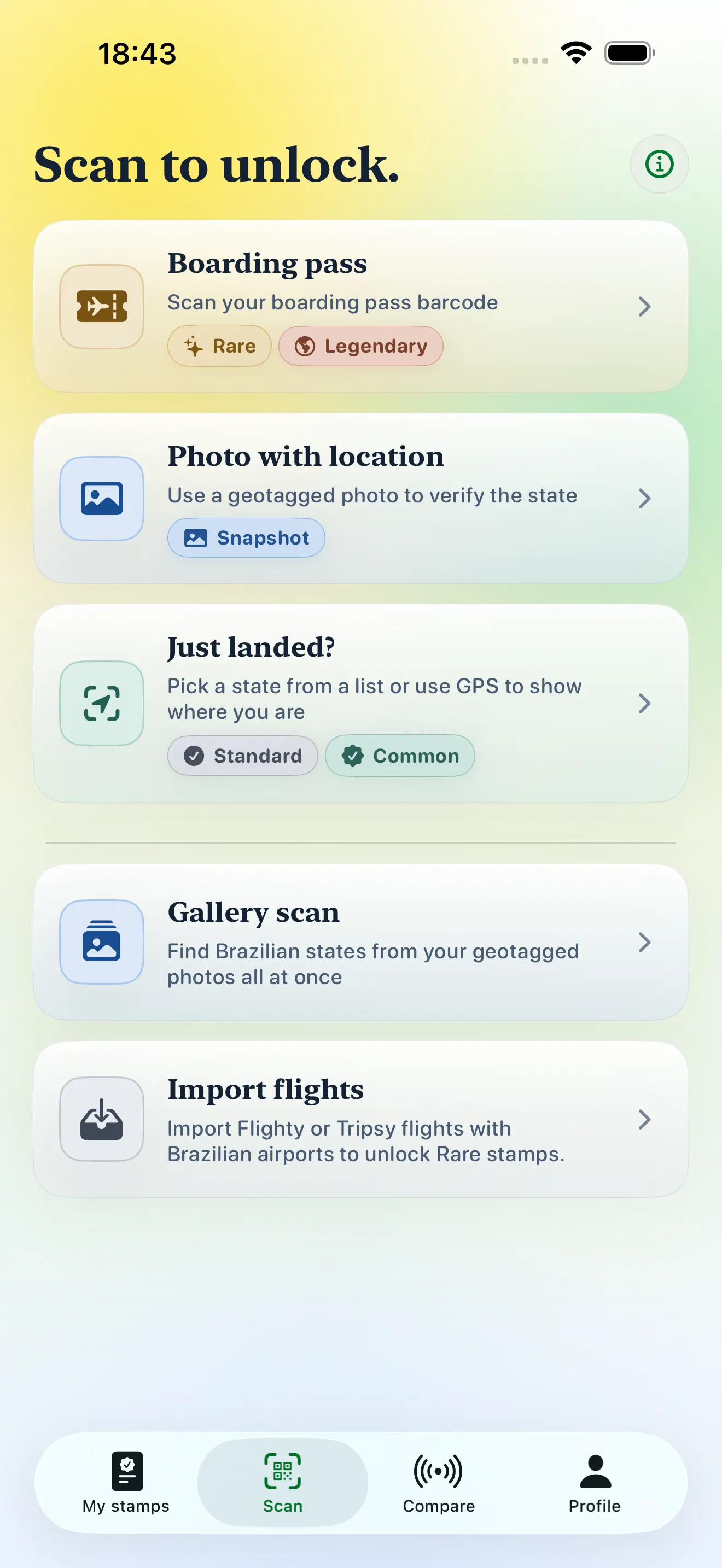 Stamp Hunt Brasil scan screen highlighting the option to scan a boarding pass barcode
