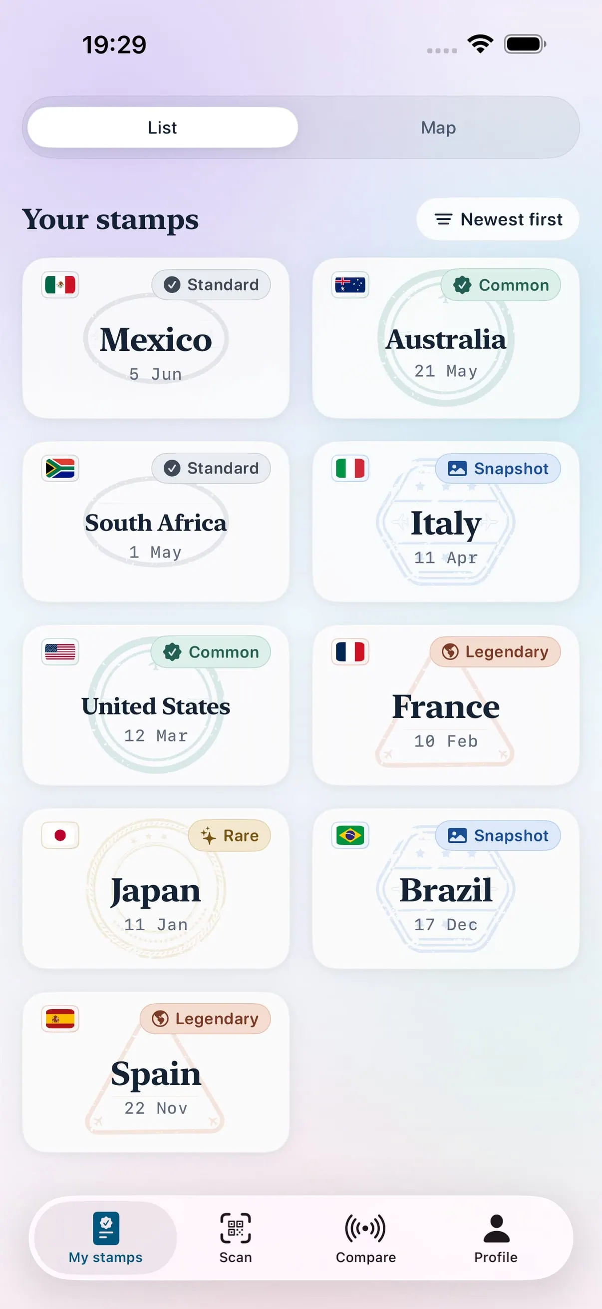 Tus sellos: la pantalla de pasaporte de Stamp Hunt
