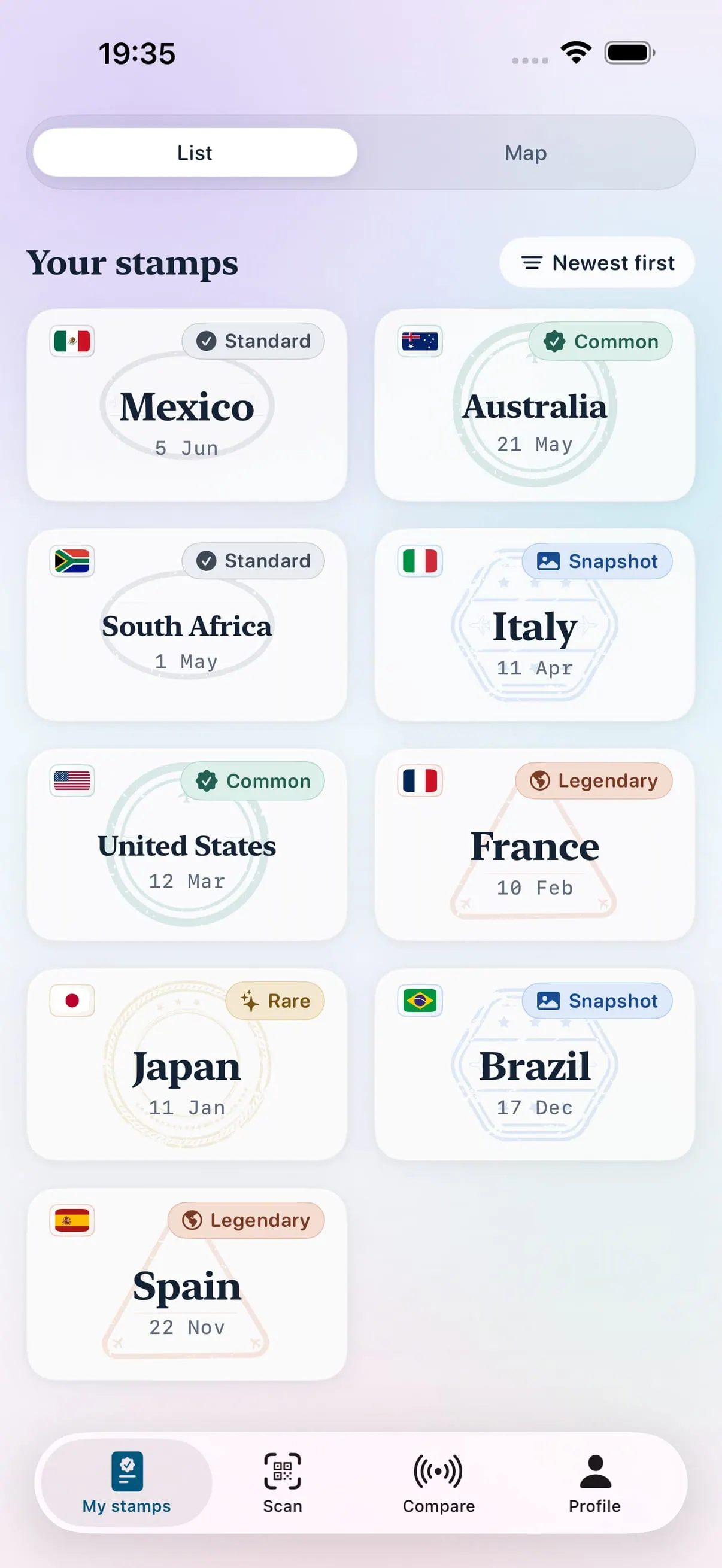 Seus carimbos - a tela de passaporte do Stamp Hunt