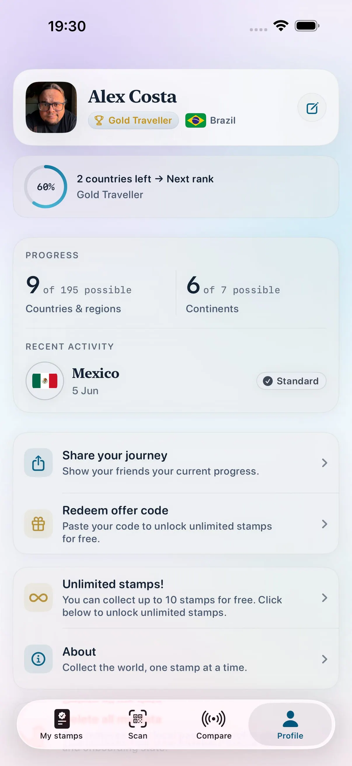 Perfil con rango y progreso