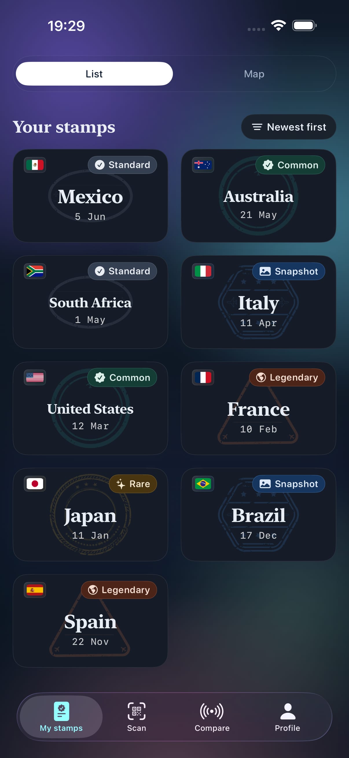 Pantalla de colección de pasaporte de Stamp Hunt en modo oscuro