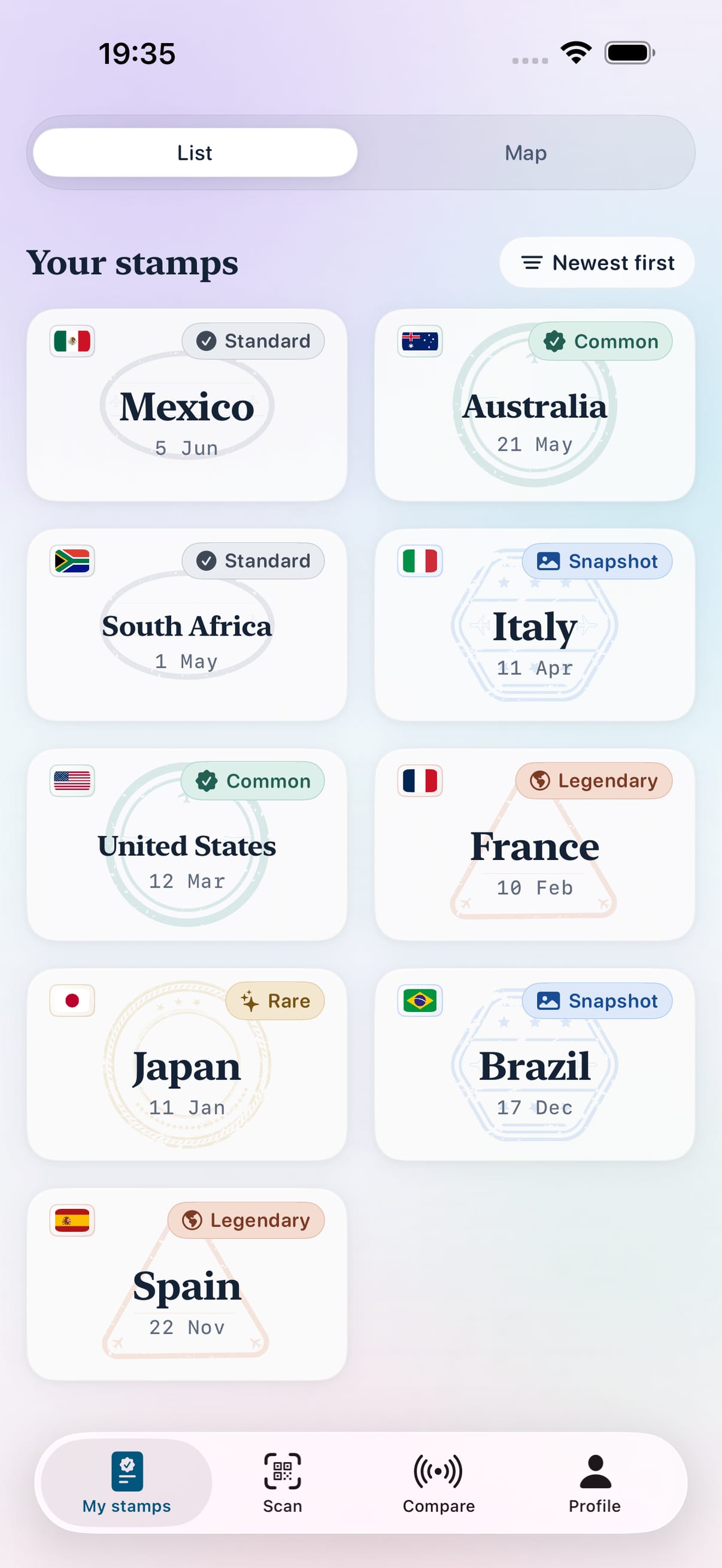 Tela de coleção do passaporte no Stamp Hunt mostrando carimbos de países